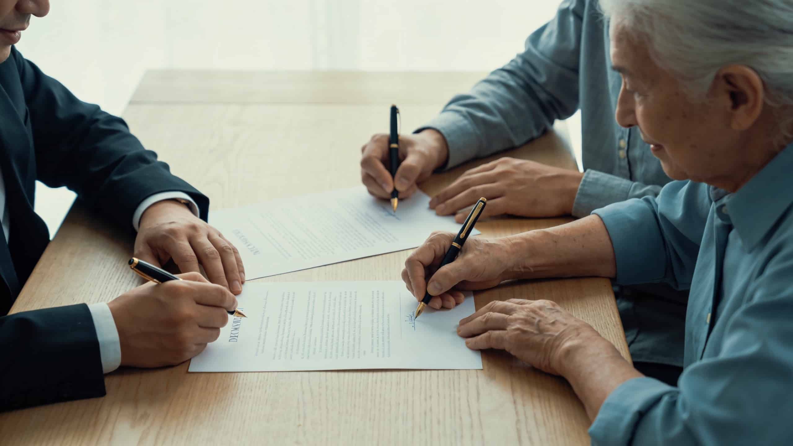 Notaire et couple senior assis signant des documents