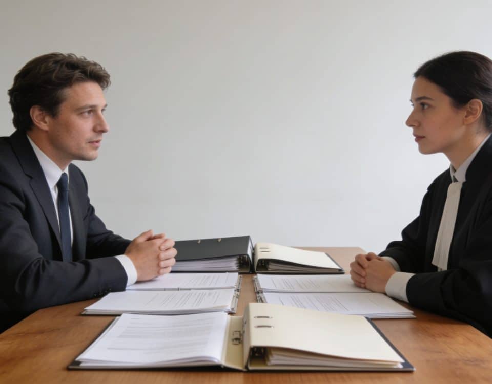 deux notaires assis face a face discutant dossiers