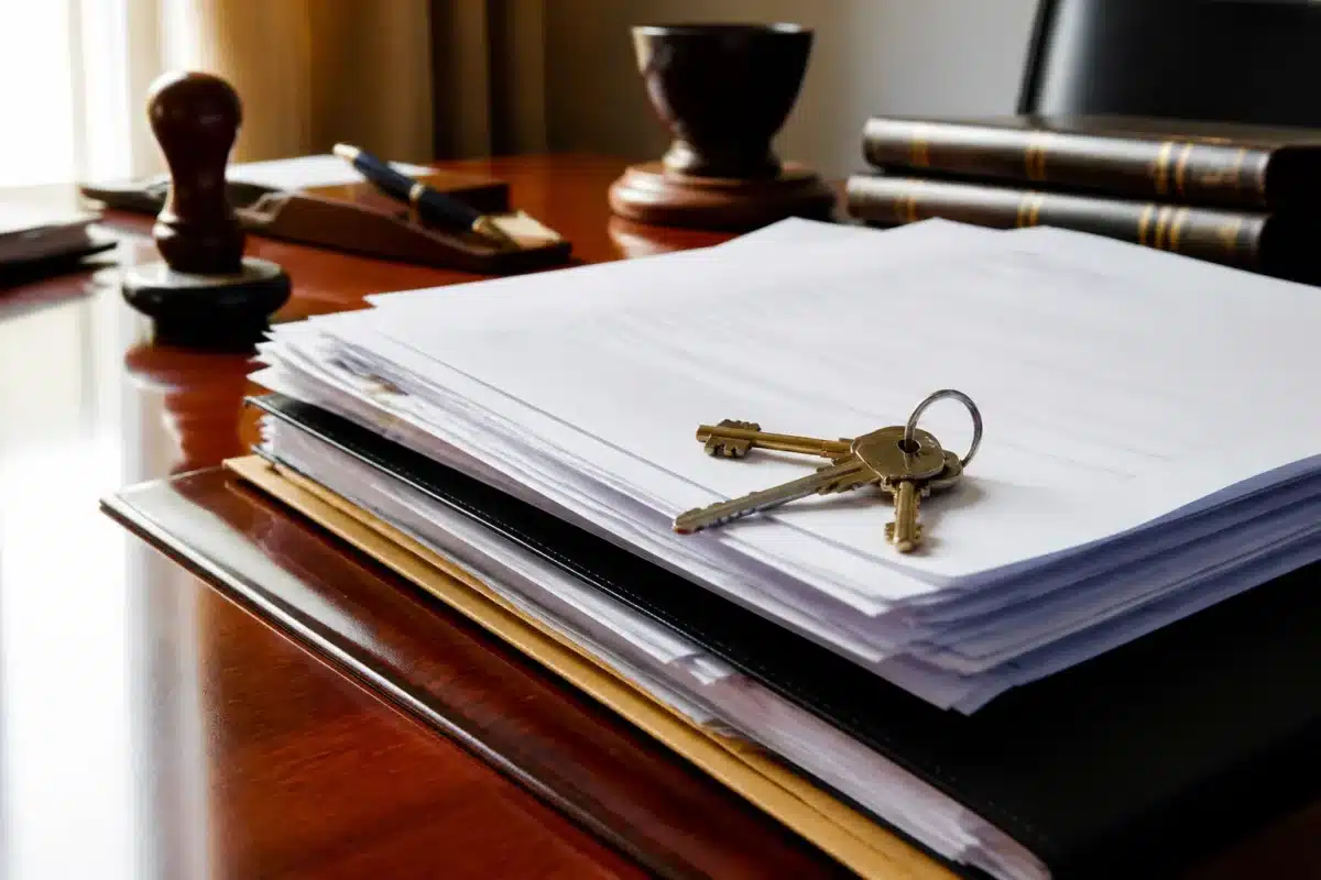 Documents officiels et clés sur bureau notarial