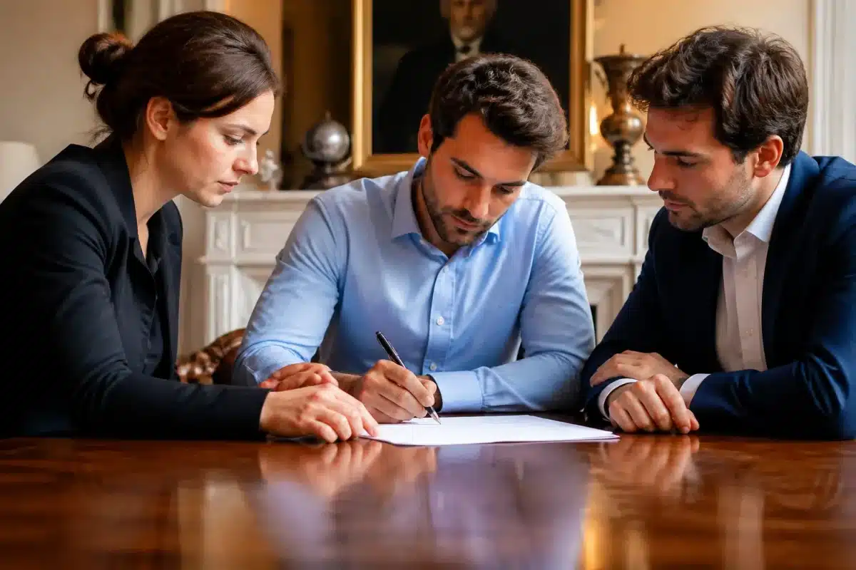 Trois héritiers autour d'une table signant un document officiel