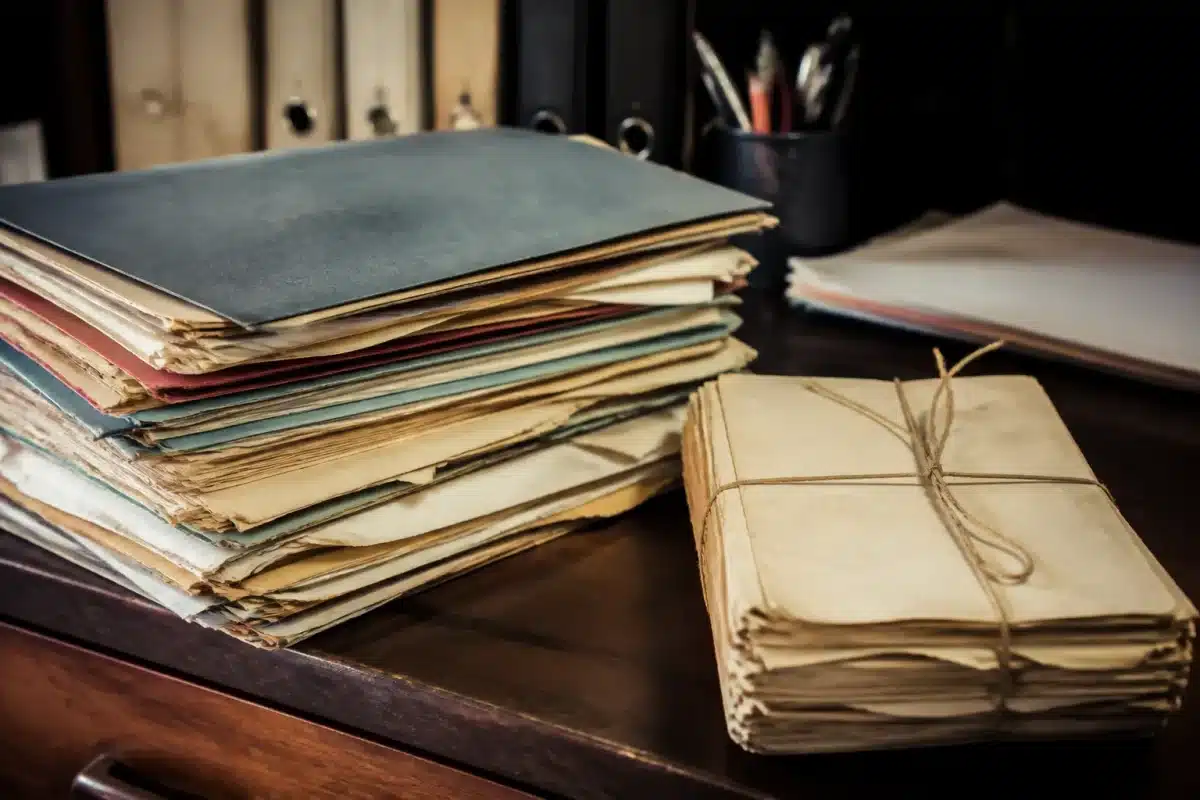 Dossier professionnel avec documents de travail temporaire et dates anciennes