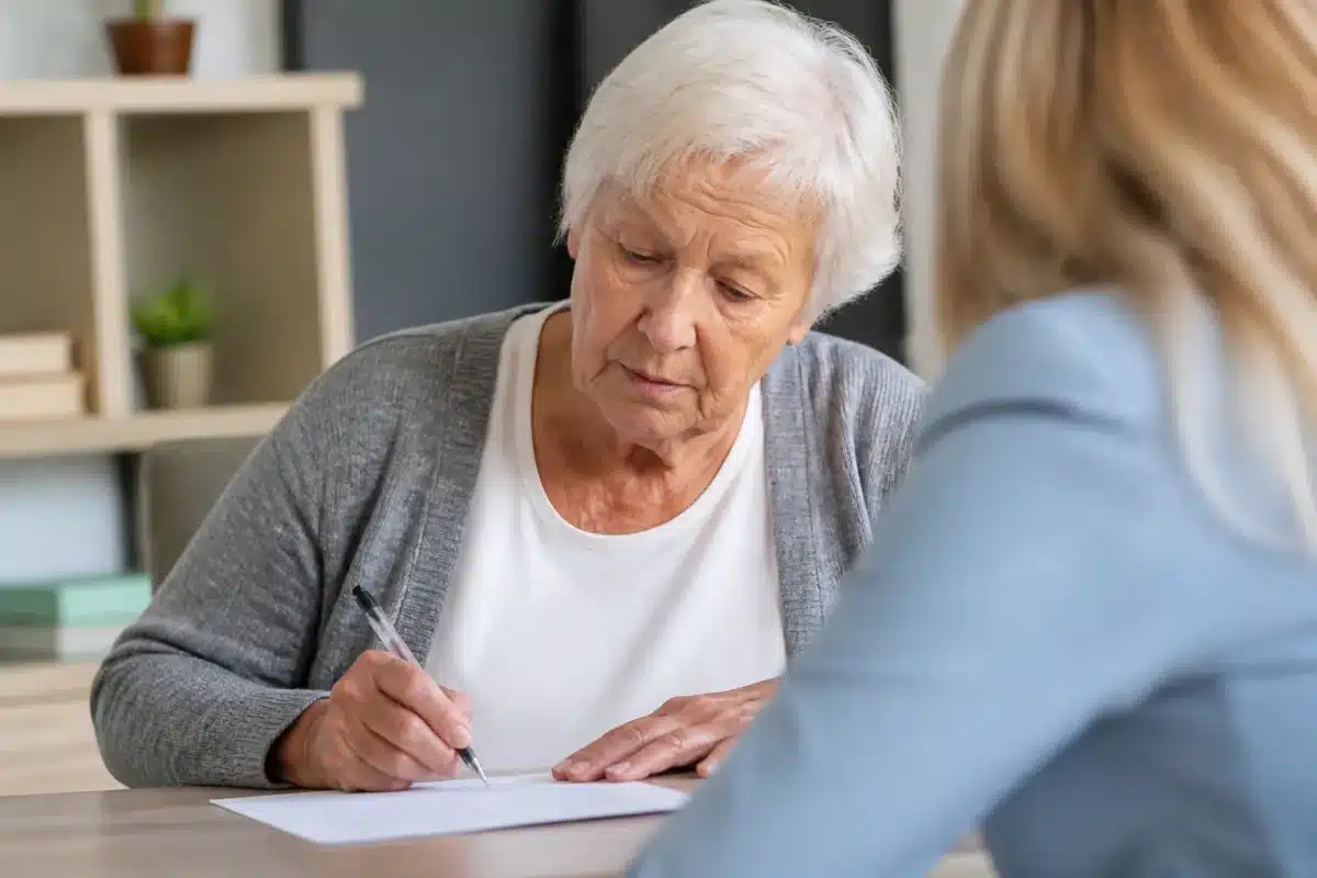 Personne âgée signant documents administratifs aide sociale