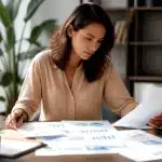 Personne assise consultant documents financiers sur table bien eclairee