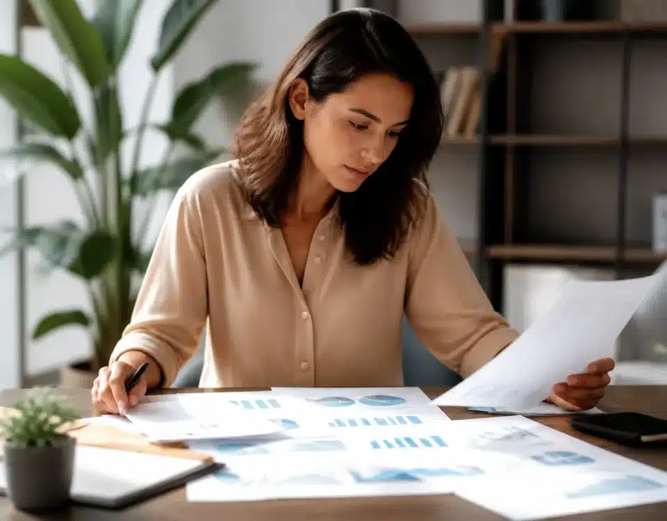 Personne assise consultant documents financiers sur table bien eclairee