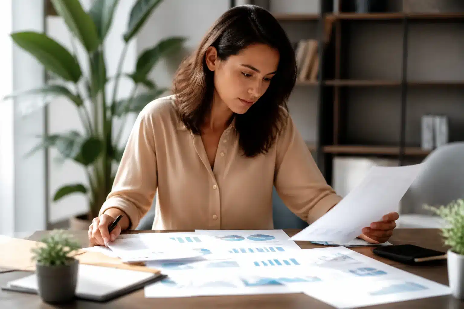 Personne assise consultant documents financiers sur table bien eclairee