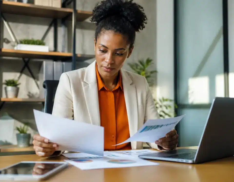 Personne assise consultant des documents financiers sur bureau avec ordinateur portable