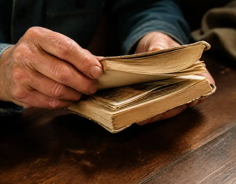 Personne tenant relevé bancaire ancien, argent caché entre pages