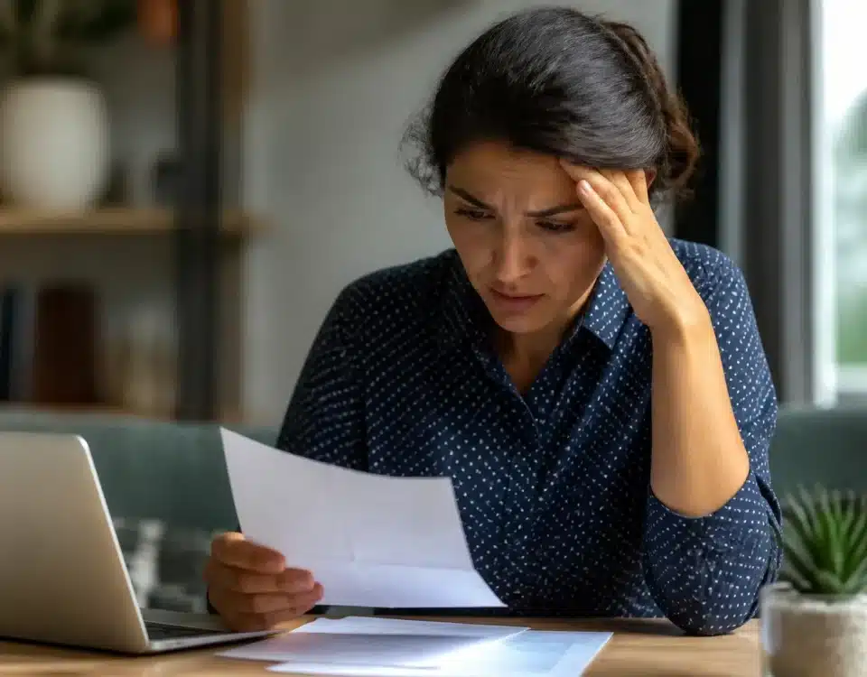 Personne assise à un bureau consultant ses documents salariaux inquiète