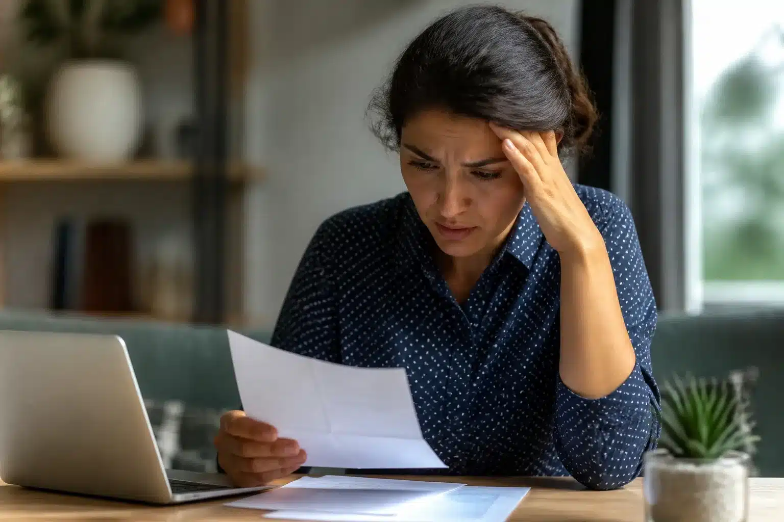 Personne assise à un bureau consultant ses documents salariaux inquiète