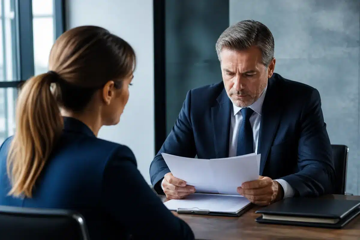 Avocat examinant documents juridiques avec client assis