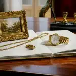 Bijoux, montre et tableau posés sur document notarial ouvert