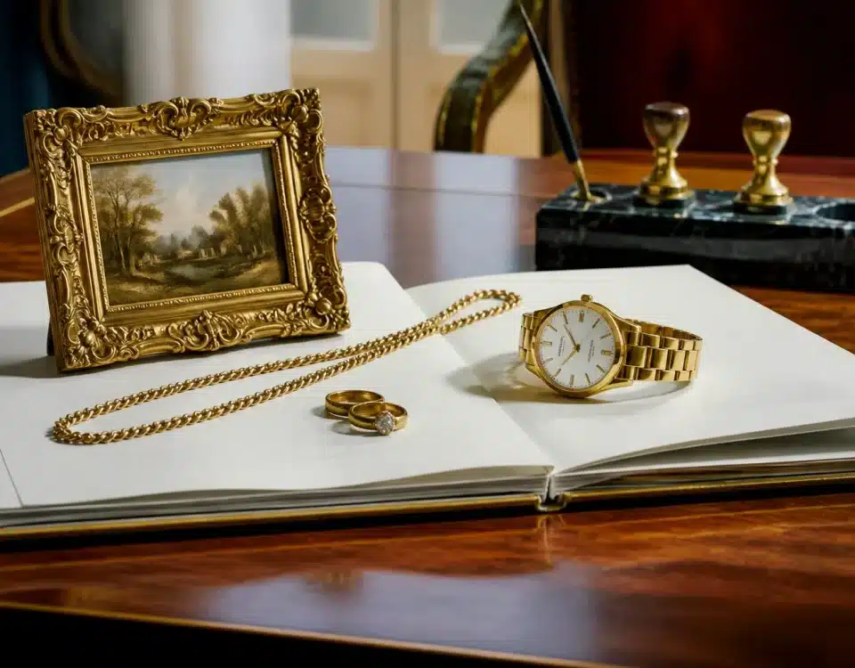 Bijoux, montre et tableau posés sur document notarial ouvert