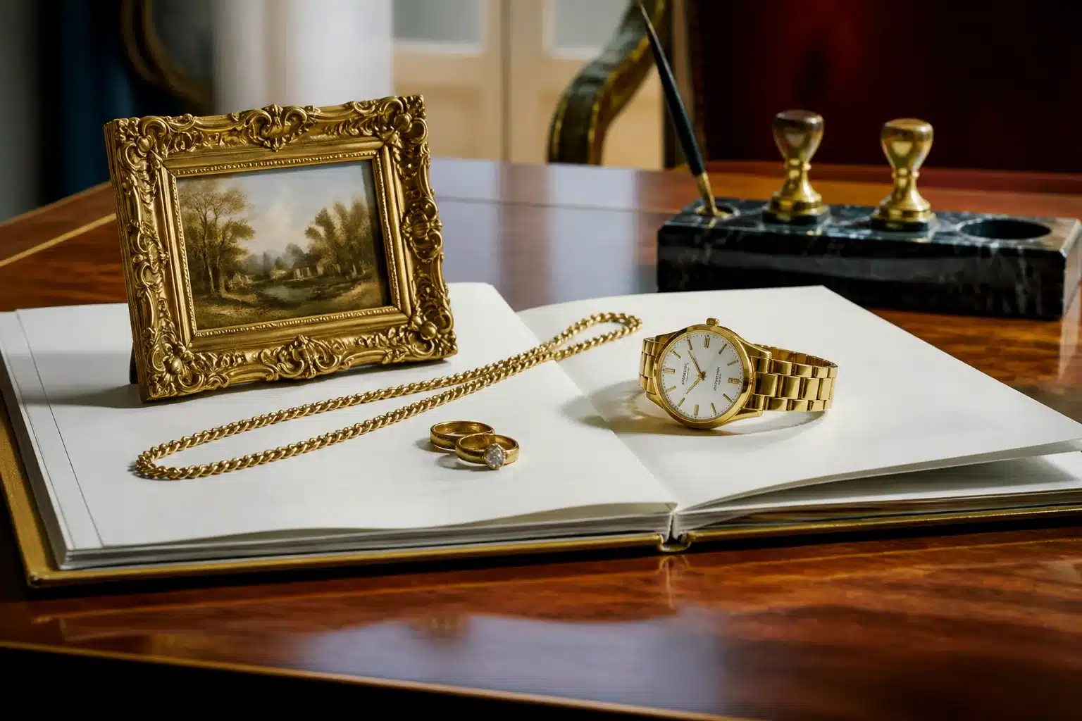 Bijoux, montre et tableau posés sur document notarial ouvert