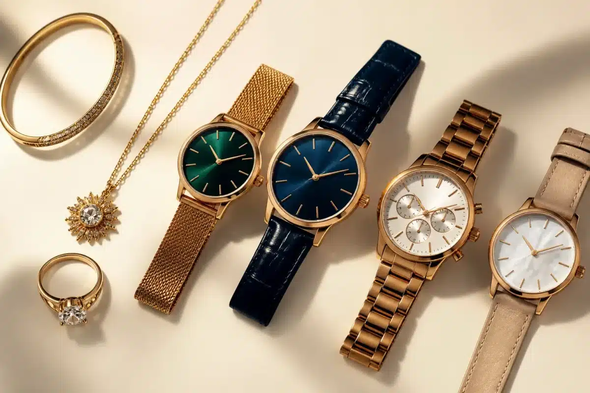 Bijoux précieux et montres alignés sur surface claire