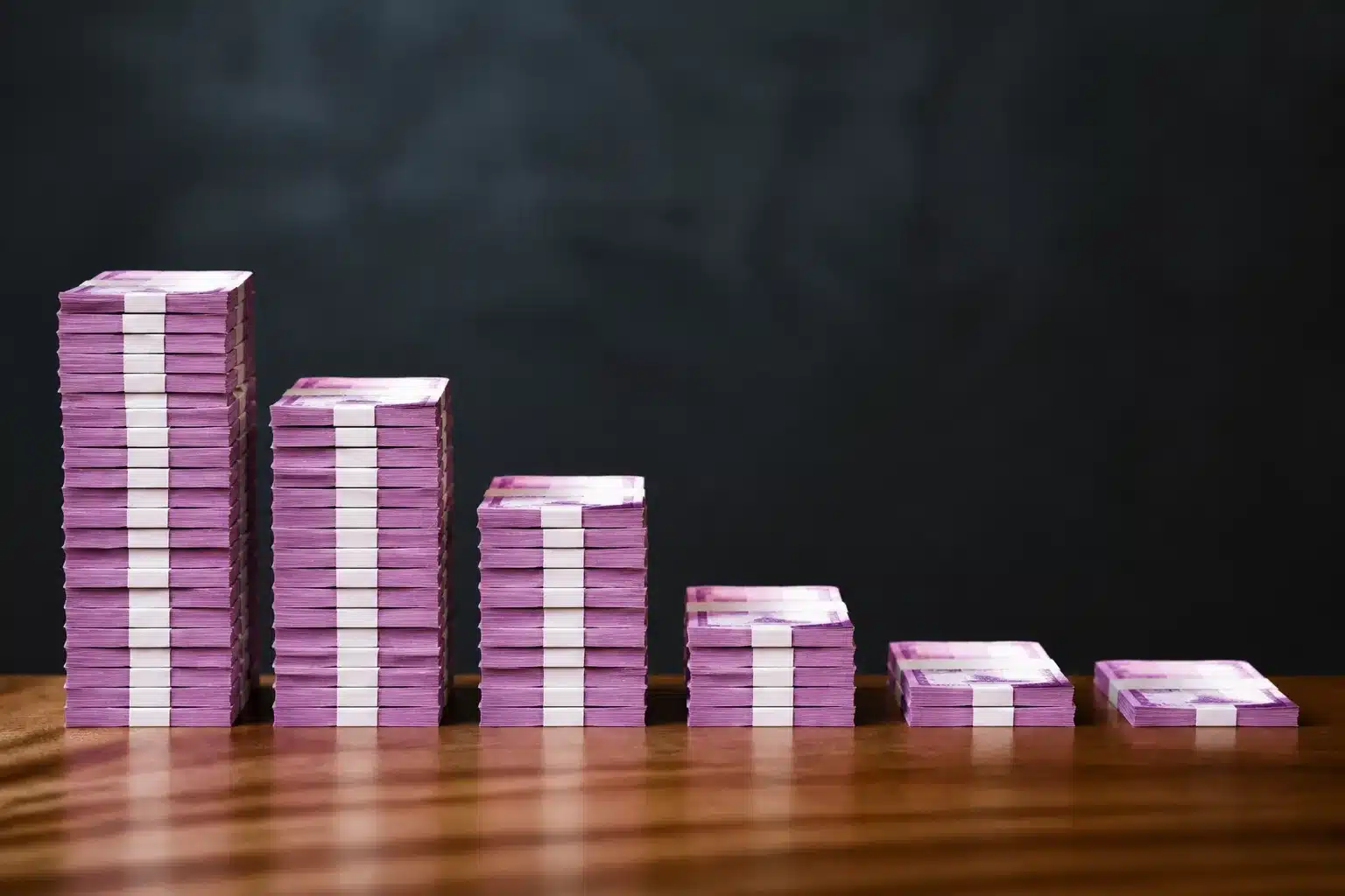 Billets de cinq cents euros empiles diminuant progressivement en hauteur