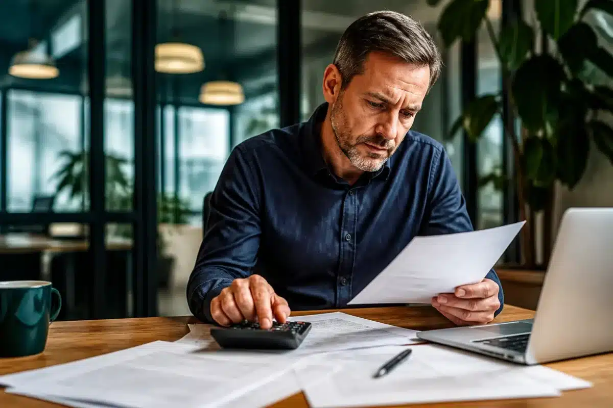 Homme calculant sa pension avec documents et calculatrice bureaux