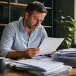 Homme assis a bureau examinant documents financiers et factures empilees
