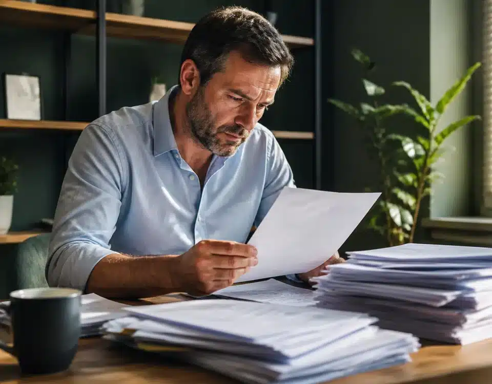 Homme assis a bureau examinant documents financiers et factures empilees