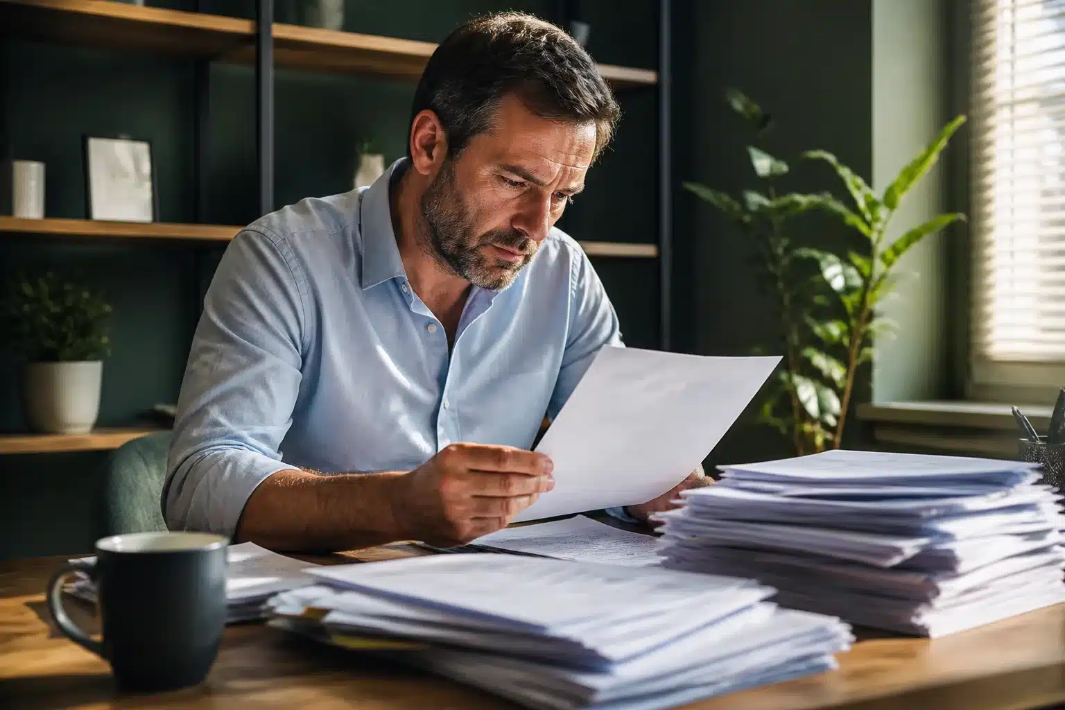 Homme assis a bureau examinant documents financiers et factures empilees