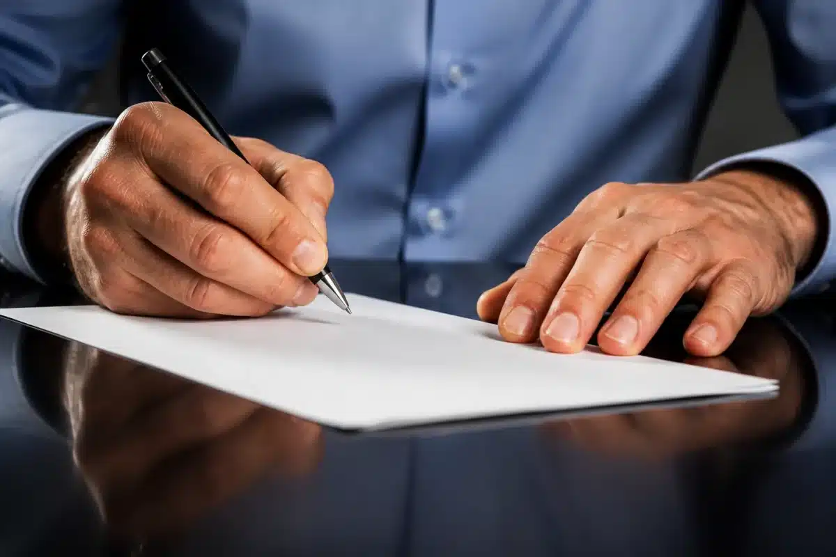 Deux mains signant document bancaire avec stylo noir