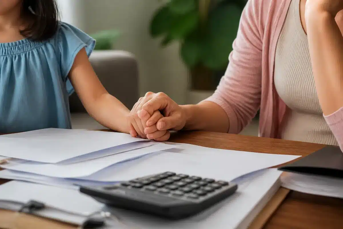 Parent holding child's hand, documents and calculator on table