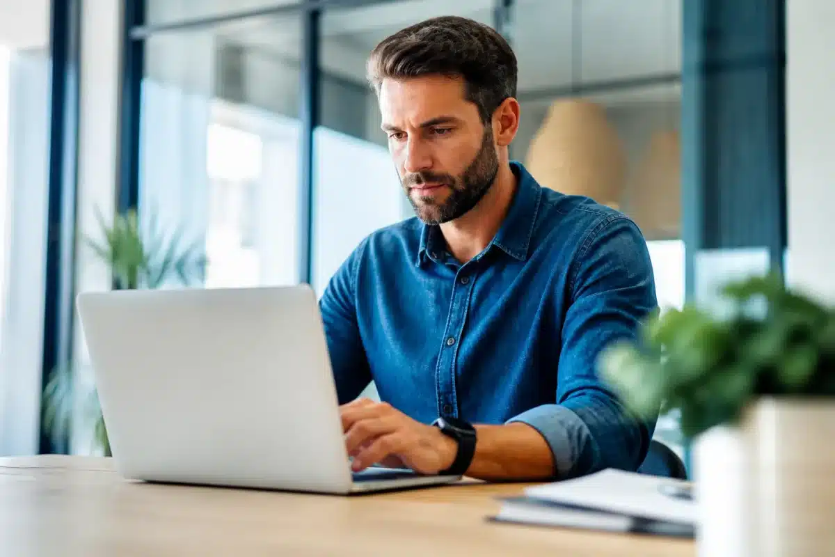 Consultant travaillant sur ordinateur portable avec calendrier allege