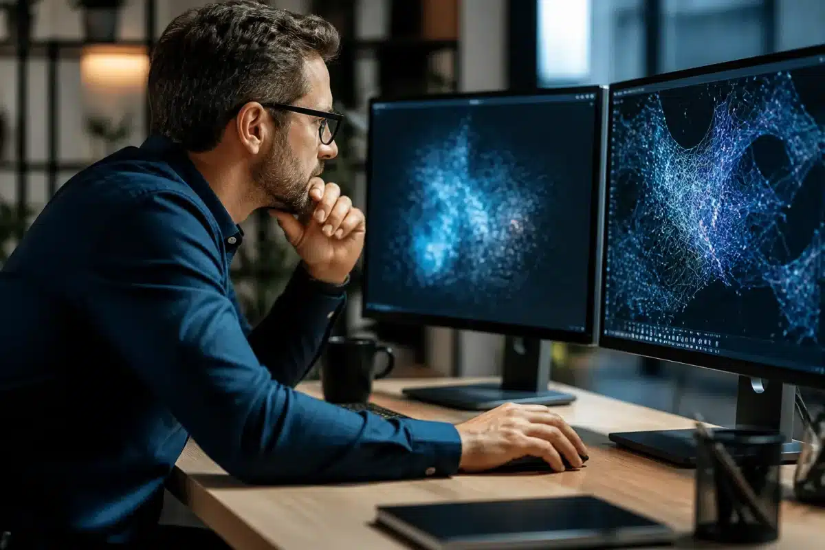 Professionnel analysant schemas numeriques sur ecran ordinateur
