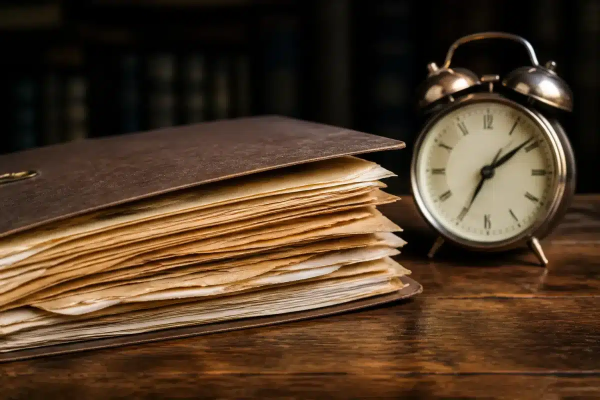 Dossier de carrière avec documents jauni et horloge qui tourne
