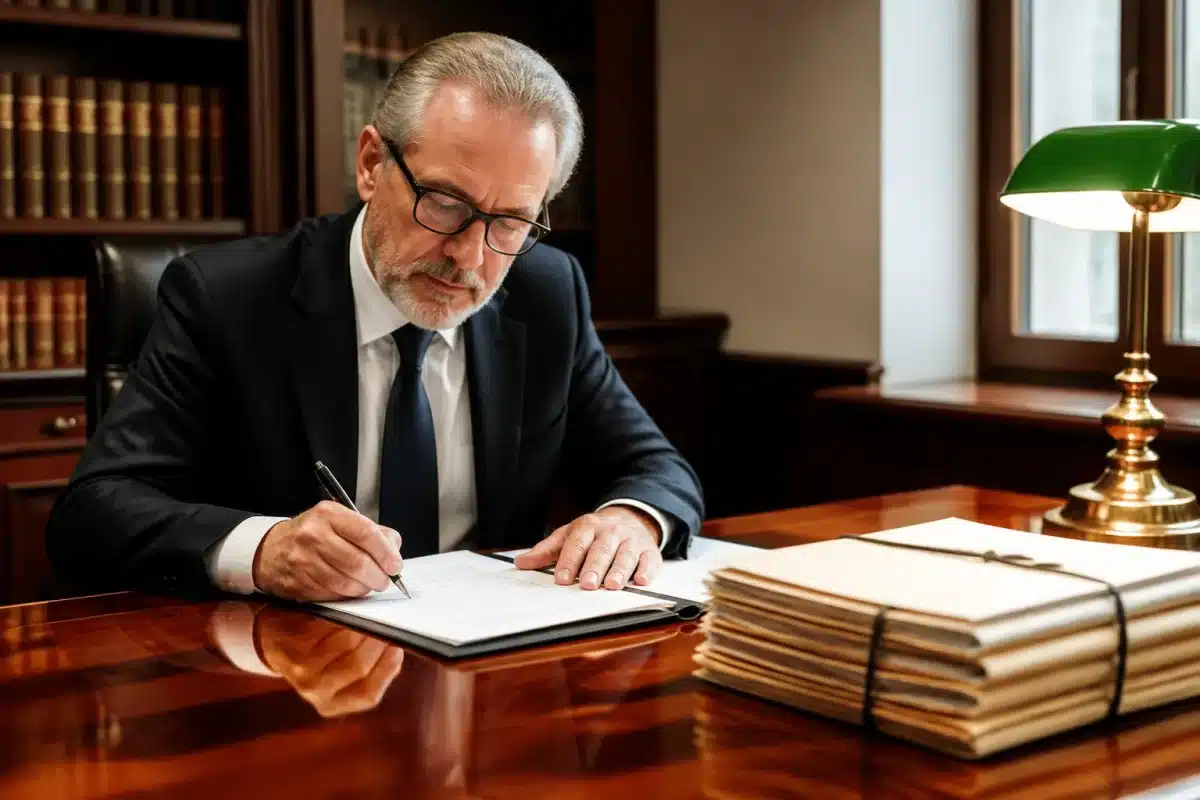 Notaire signant document succession avec dossier bancaire fermé
