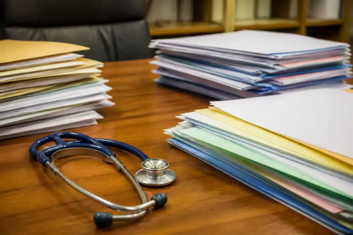 Formulaires administratifs et dossiers medicaux sur bureau