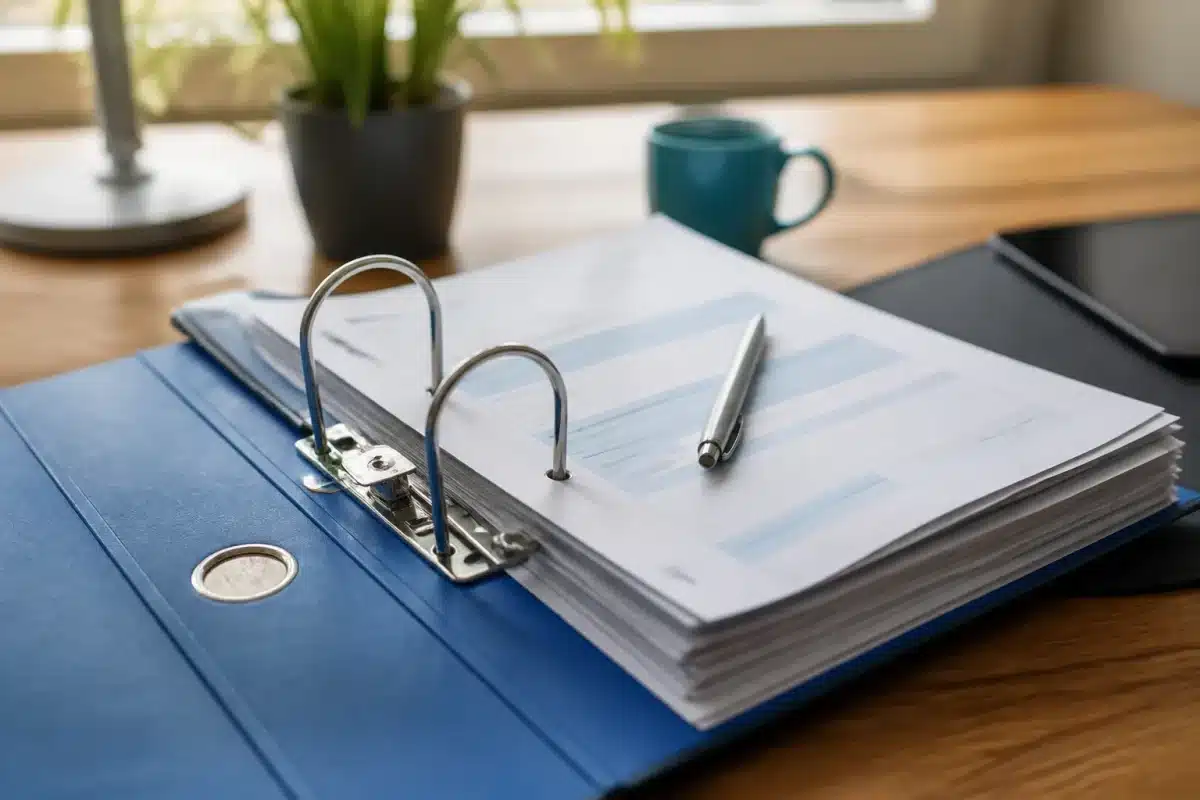 Dossier administratif ouvert avec documents retraite et formulaires remplis