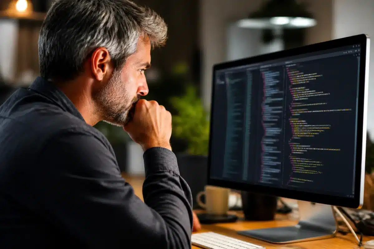 Developpeur examine code algorithme sur ecran ordinateur