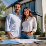 Couple debout devant maison, documents pret immobilier sur table