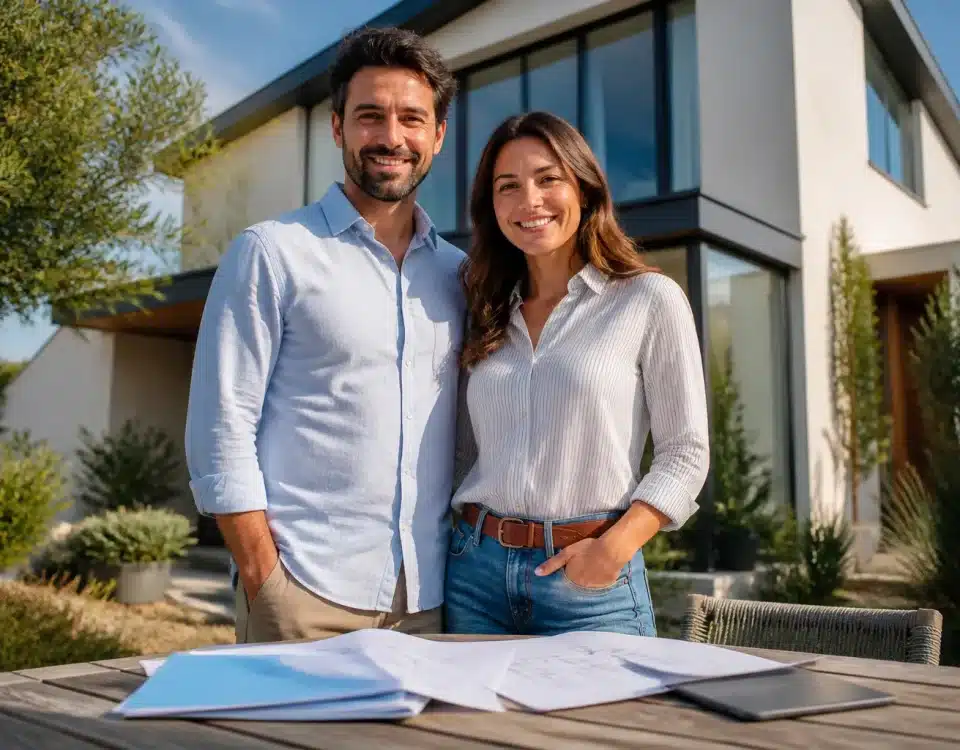 Couple debout devant maison, documents pret immobilier sur table