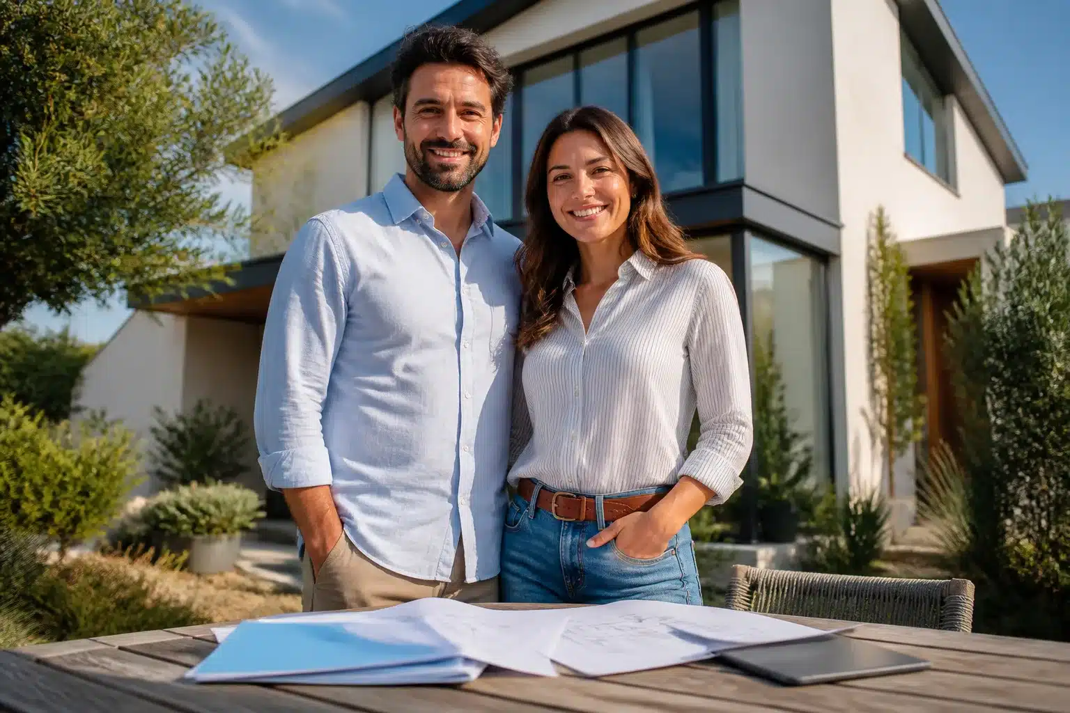 Couple debout devant maison, documents pret immobilier sur table