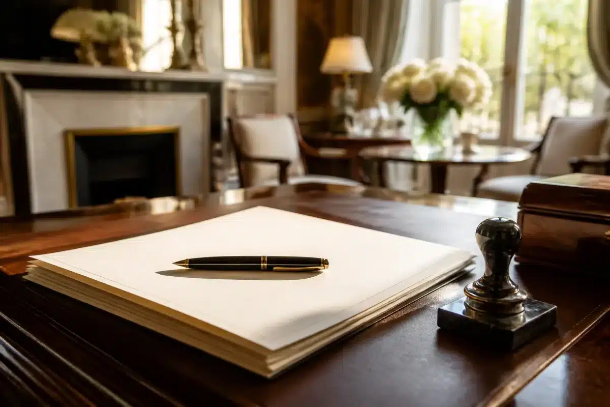 Document notarié avec stylo sur bureau familial