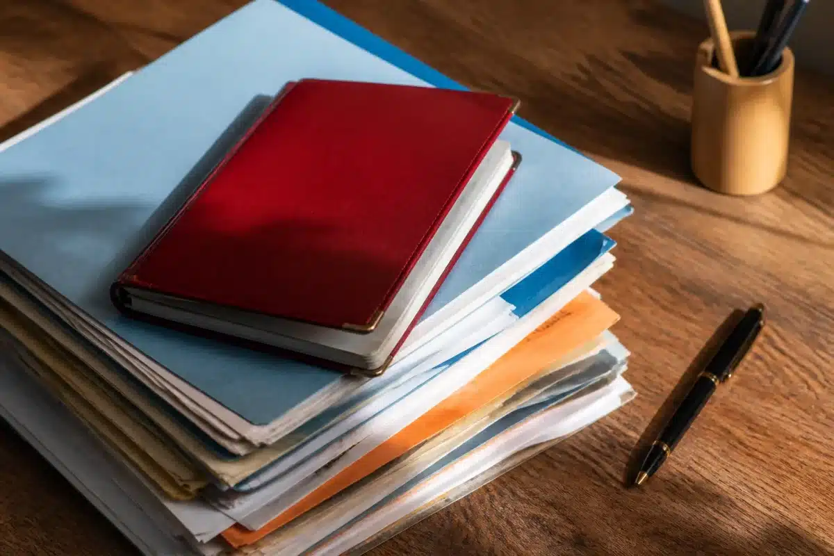 Documents administratifs francais avec carnet rouge ferme sur bureau