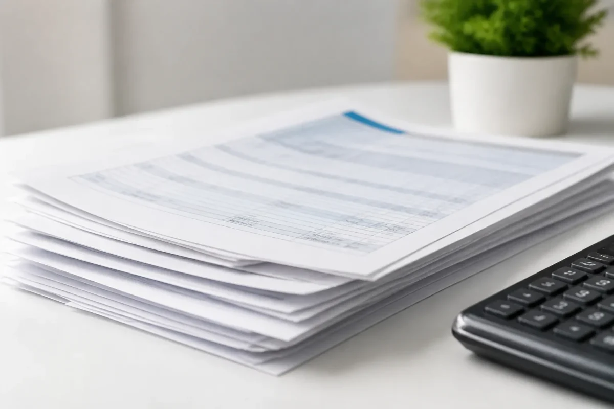 Documents bancaires et relevés de compte sur bureau blanc