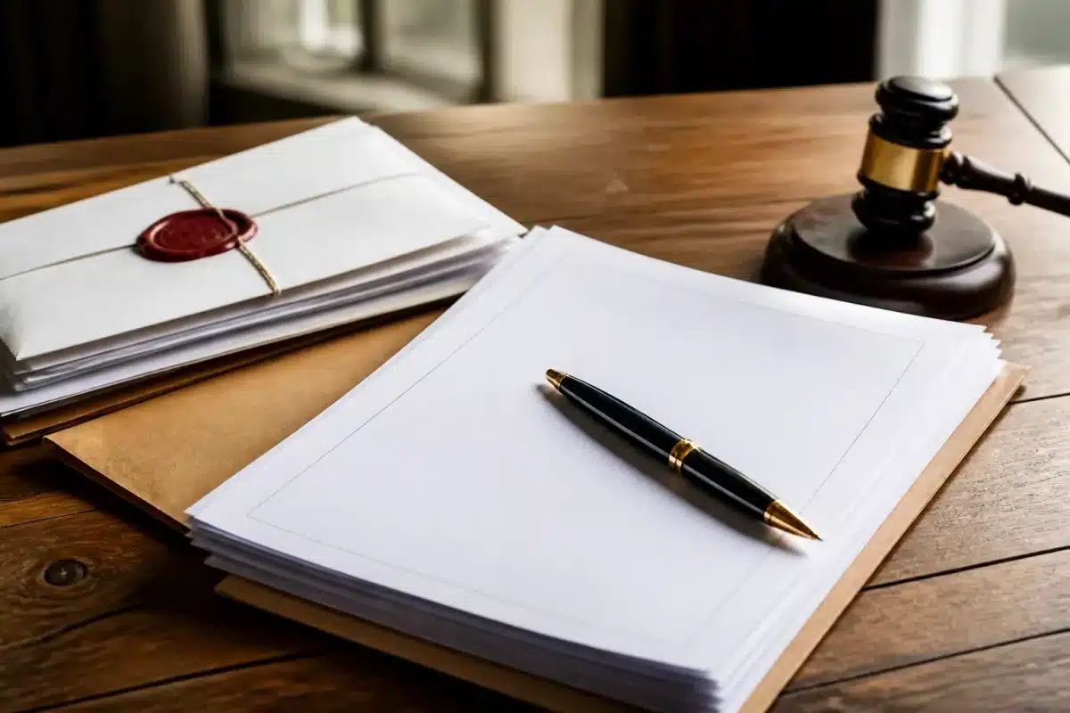 Documents legaux et testament sur bureau avec stylo noir