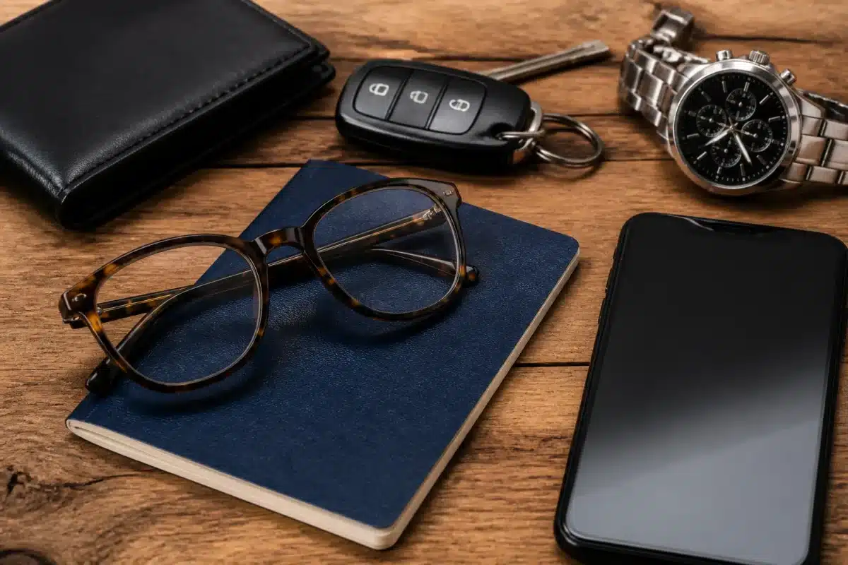 Documents personnels et objets de valeur photographiés sur table