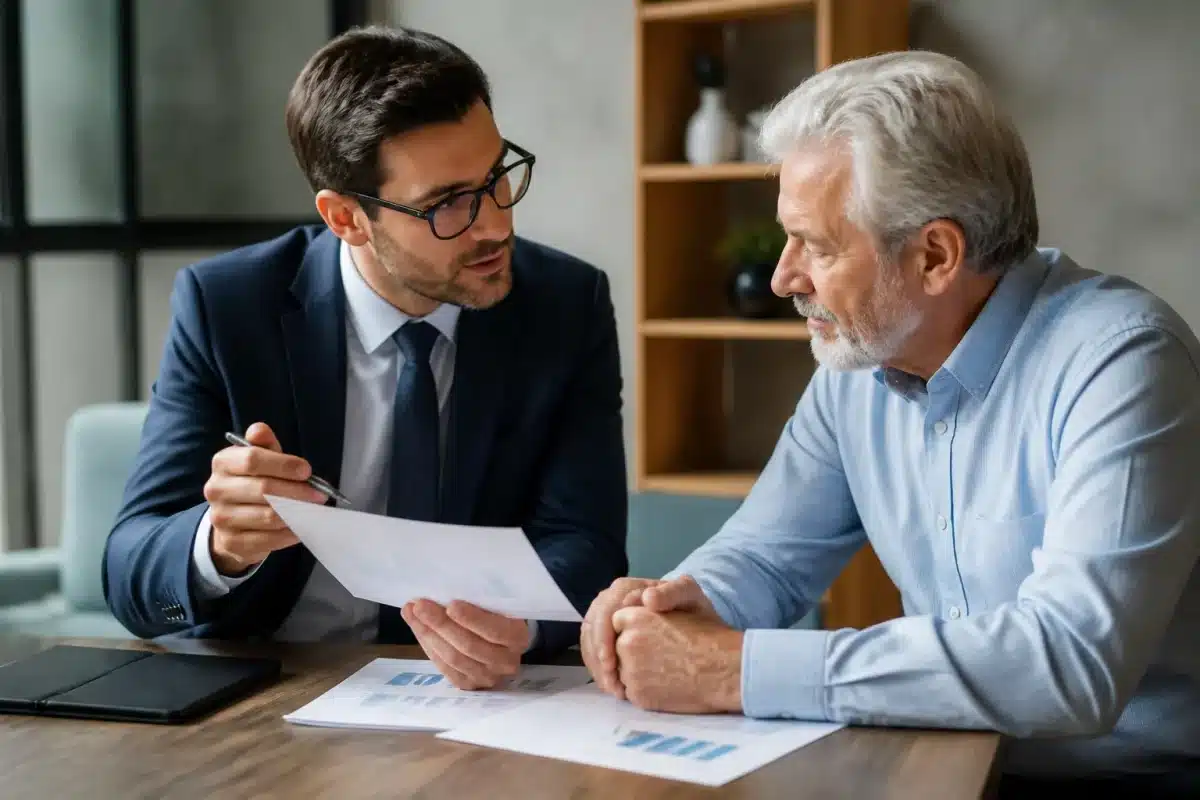 Conseiller retraite montrant documents chiffrés à client senior
