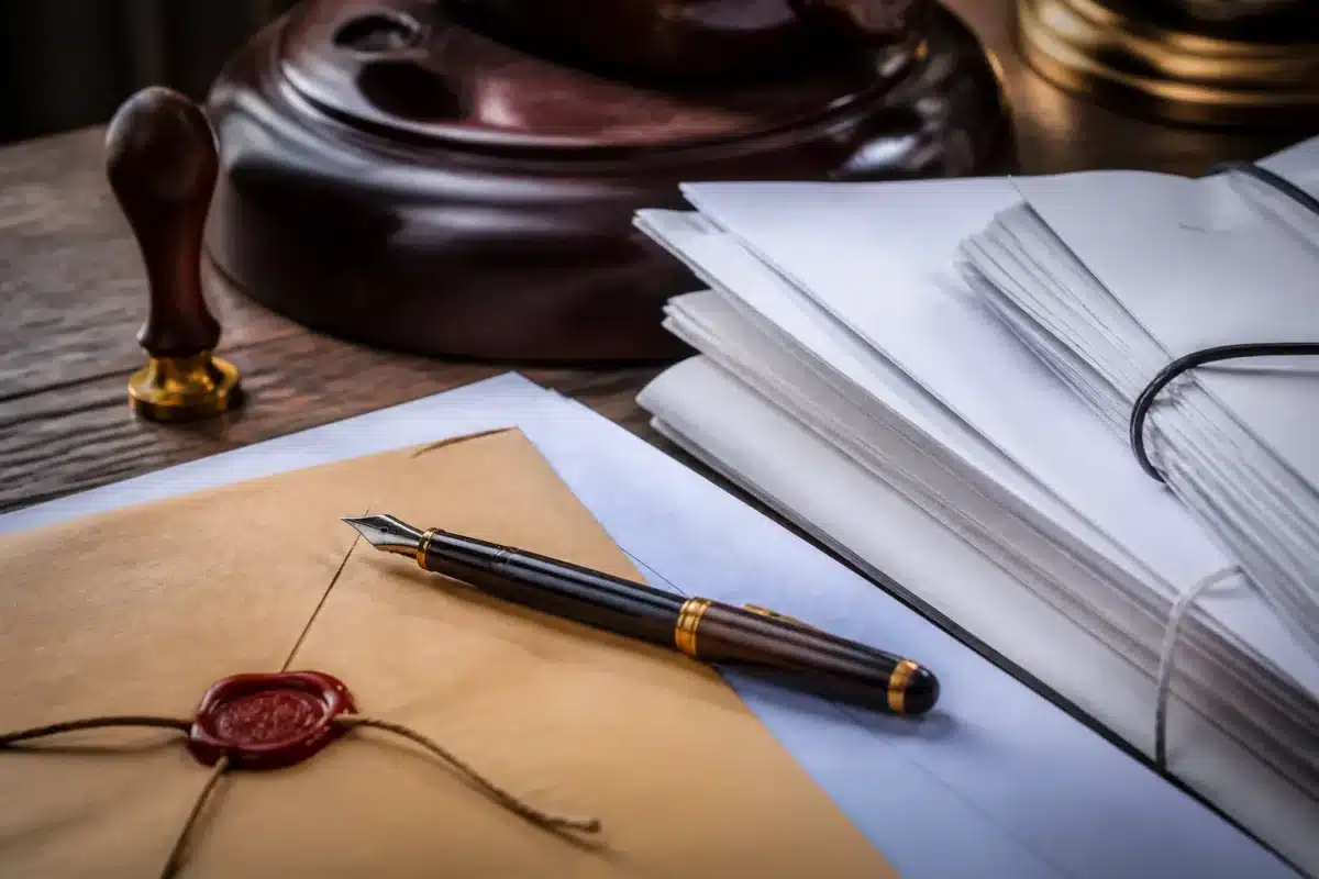 Documents juridiques et testament avec stylo sur table en bois