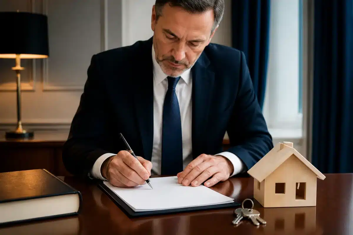 Notaire signant document immobilier avec clés maison