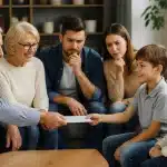 Grands-parents remettant enveloppe argent petits-enfants, parents observant avec expression préoccupée