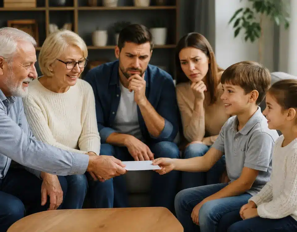 Grands-parents remettant enveloppe argent petits-enfants, parents observant avec expression préoccupée