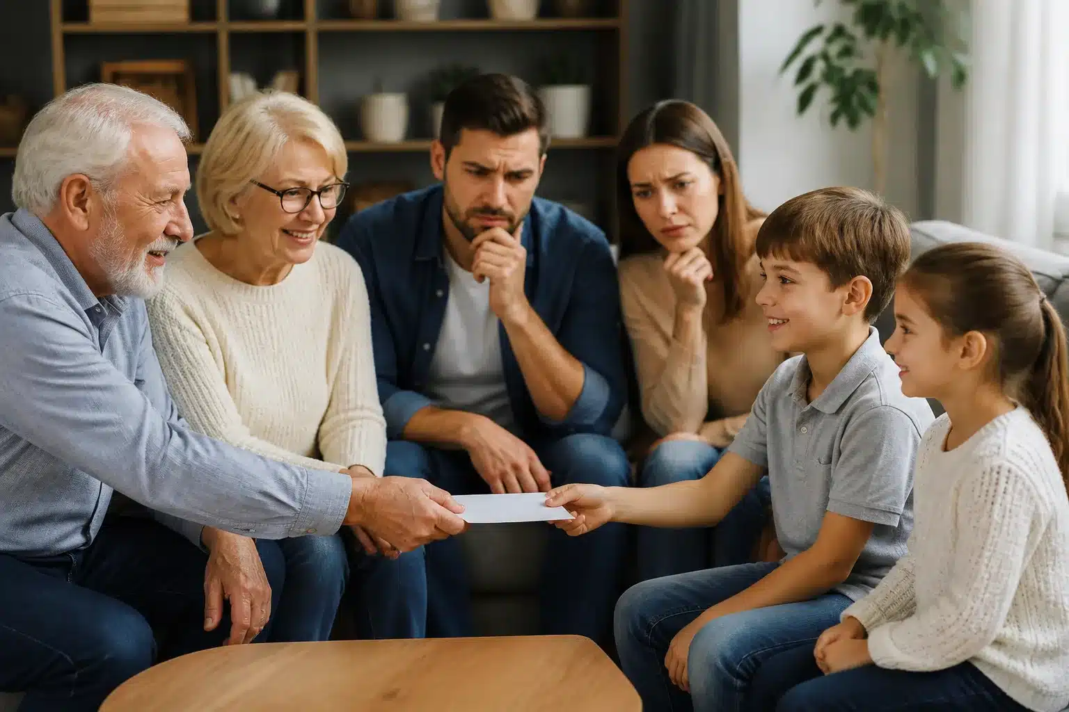 Grands-parents remettant enveloppe argent petits-enfants, parents observant avec expression préoccupée