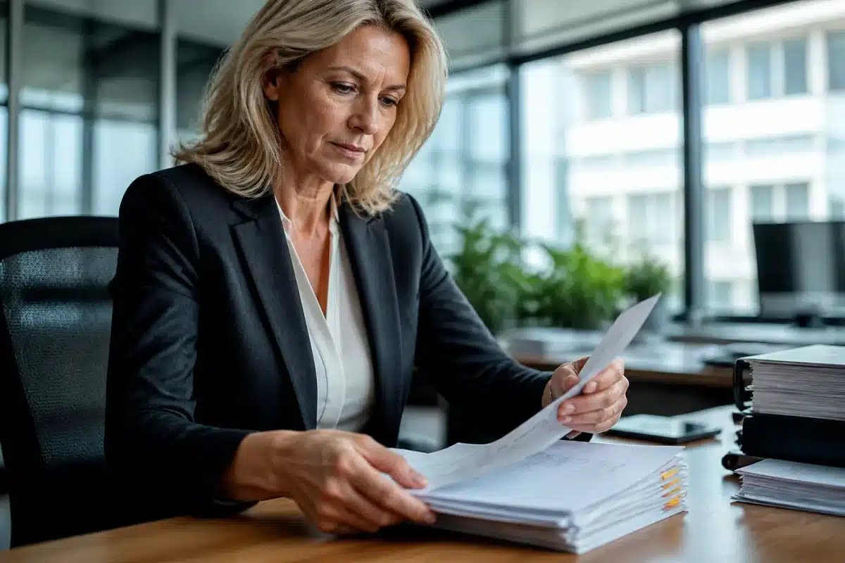 Femme senior consultant documents allocation chômage bureau