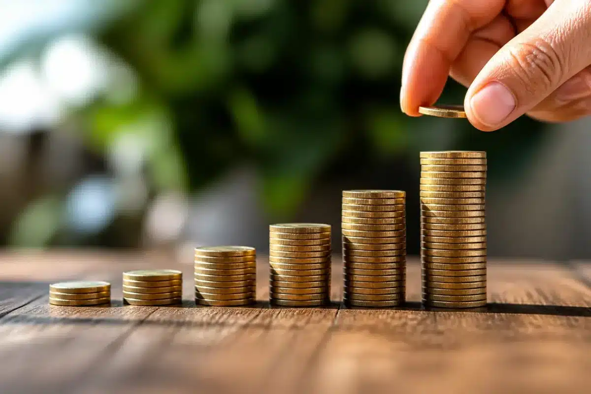Pieces de monnaie s'accumulant progressivement en piles croissantes
