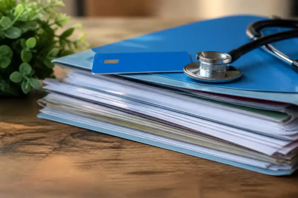 Dossier medical ouvert avec carte assurance maladie bleue