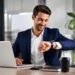 Employe assis au bureau regardant montre avec sourire satisfait